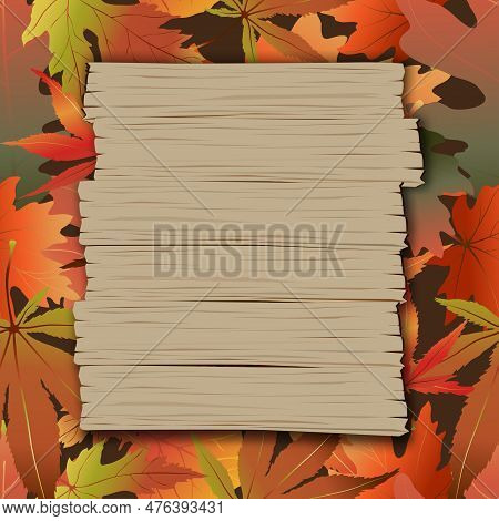 Autumn Sale Background With Empty Brown Wooden Board Sign On Maple Leaves,thanksgiving Or Mid Autumn
