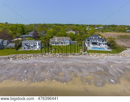 Historic Coastal House Aerial View In Spring Near Phillip\'s Beach In Town Of Swampscott, Massachuse