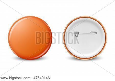 Vector Realistic Orange Round Blank Empty Button Badge Set Closeup Isolated On White Background, Fro