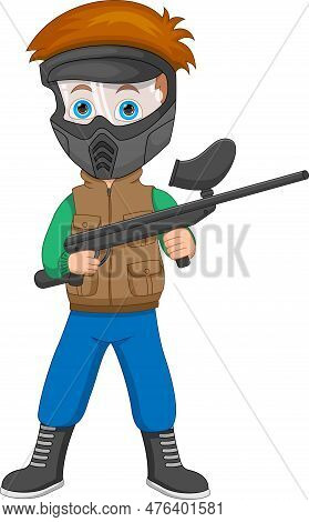 The Cute Boy Is Playing Paintball With A Gun