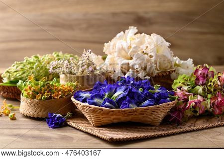 Thai Edible Flowers From Organic Local Farmers Market In Northern Of Thailand, Sustainability Concep