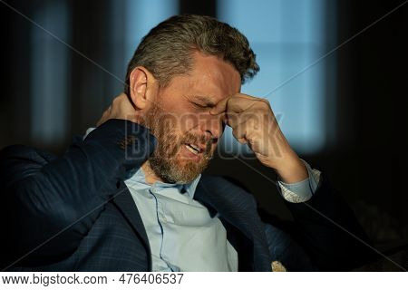 Headache, Tiredness And Stress. Close Up Portrait Of Man In Suit Got Headache Migraine. Headache Pai