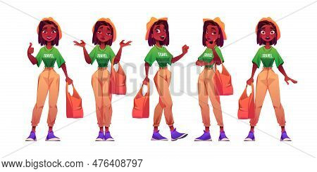 Cartoon Set Of Young Female Traveler Isolated On White Background. Vector Illustration Of African Am