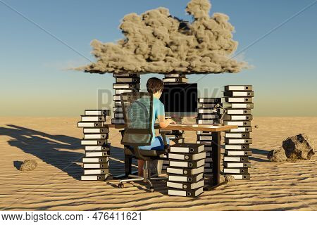 Man Sitting At Pc Office Workplace In Desert Environment With Huge Stacks Of Binders And Cloud Over 