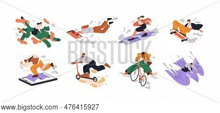 Active Fast People With Free Energy In Motion. Energetic Enthusiastic Fun Characters Travel. Life Ex