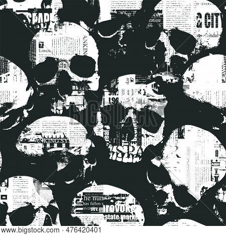 Seamless Pattern With Human Skulls And Texture Of Pieces Of Newspapers. Vector Background With Sinis