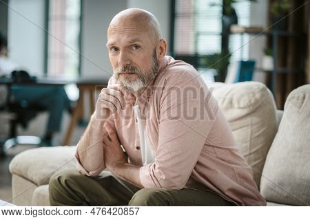Wise Senior Man, With Touch Of Grey In Beard, Looks Directly Into Camera Within Cozy Interior Of Hom