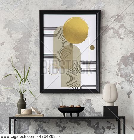 Creative Composition Of Living Room Interior With Mock Up Poster Frame, Black Consola, Grey Pouf Wit