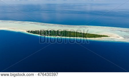 Aerial Drone Of Atoll And Tropical Island Mataking With Beach. Tun Sakaran Marine Park. Borneo, Saba