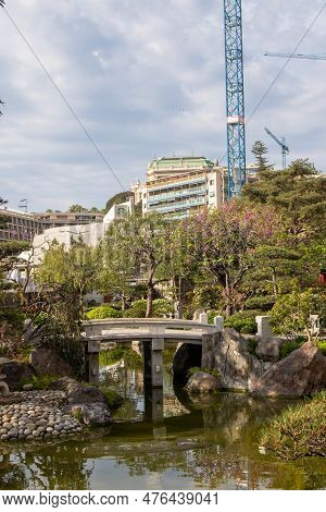 Monaco, Monaco, April 21st 2023:- A View Of The Japanese Garden In Monaco, Located In The Larvotto W