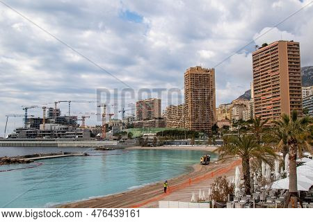 Monaco, Monaco, April 21st 2023:- A View Of The Larvotto Public Beach In Monaco