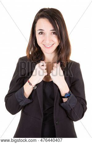 Pretty Pround Business Woman In Black Suit Under White Background