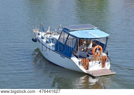 Mikolajki, Poland, July 12: Boat At Sniardwy Lake On July 12, 2020 At Mikolajki, Poland. Sniardwy Is