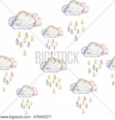 Watercolor Hand Painted Clowds And Drops Seamless Pattern. Illustration Isolated On White Background