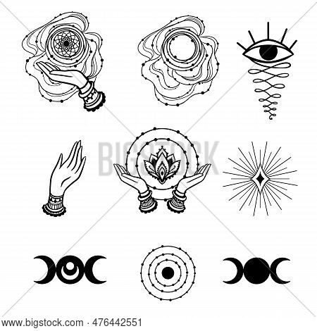 Set Of Fine Esoteric Yoga Hands Of Woman Element. Vector Illustration On Ethnic Style.