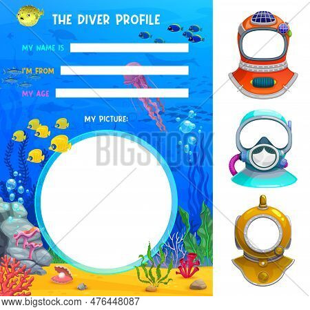 Frogman Or Diver Profile Form. Questionnaire, Photo Booth Vector Template With Scuba Gear Helmets, P