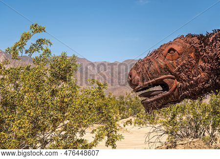 Borrego Springs, Ca, Usa - April 24, 2023: Closeup, Brown Rusted Metal Prehistoric Giant Dinosaur He