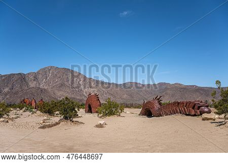 Borrego Springs, Ca, Usa - April 24, 2023: Brown Rusted Metal Prehistoric Giant Snake Dinosaur Statu