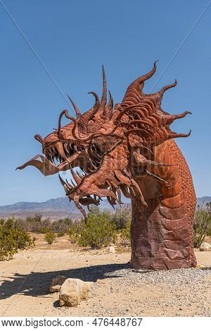 Borrego Springs, Ca, Usa - April 24, 2023: Portrait, Brown Rusted Metal Prehistoric Giant Snake Dino