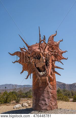 Borrego Springs, Ca, Usa - April 24, 2023: Portrait, Brown Rusted Metal Prehistoric Giant Snake Dino