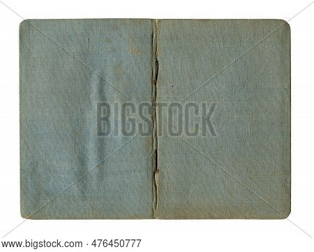 Front View Closeup Detail Of Small Old Open Notebook Vintage Blue Cover With Stained And Wrinkled Bu