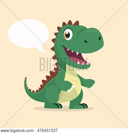 Vector Cute Kind Baby Kid Smiling Dinosaur. Happy Cartoon Green Dinosaur Tyrannosaurus Rex, Tyrex Wi