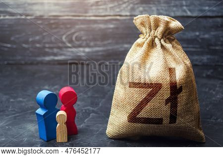 Family Figurines And Polish Zloty Money Bag. Social Assistance And Support. Income Level, Budget. Hi