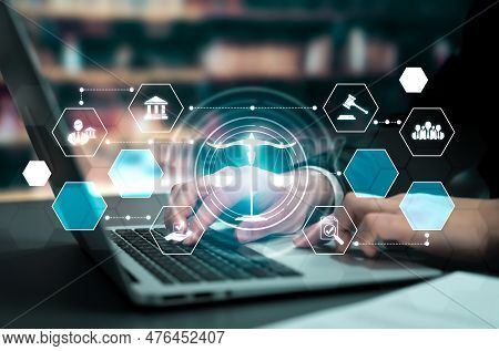 Smart Law, Legal Advice Icons And Lawyer Working Tools In The Lawyers Office Showing Concept Of Digi