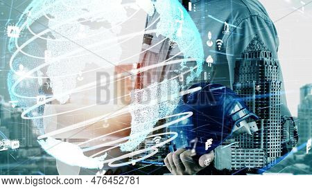 Future Building Construction And Inventive Engineering Project Concept With Hud Hologram Graphic Des