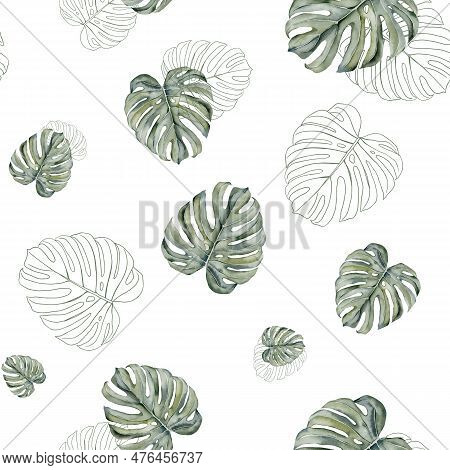 Tropical Leaves Seamless Pattern. Monstera Leaves Seamless Pattern. Monstera Leaves On Isolated Back