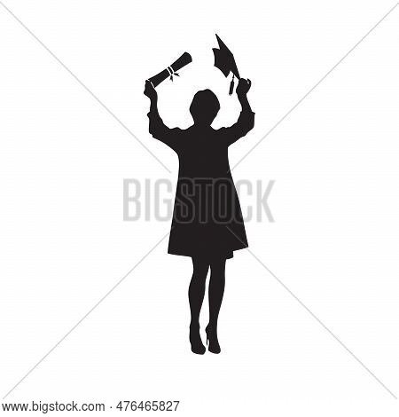 Silhouette Of A Rejoicing Student Girl With A Diploma And A Student Cap With A Tassel