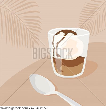 Contemporary Square Card With Affogato Coffee Dessert With Ice Cream And Spoon On Table In Cafe. Tre