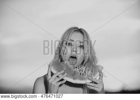 Portrait Of A Happy Young Woman With Watermelon. Youth Lifestyle. Happiness Summer Holiday. Sexy Mou