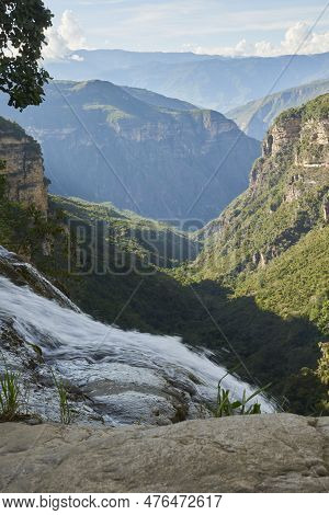 Stunning Mountain Scenery, View From The Top Of The Manchego Waterfall, Which Falls Into The Chicamo