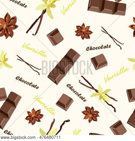 Set Of Natural Vanilla Flowers And Sticks, Chocolate Slices And Satr Anis, Seamless Vector Illustrat