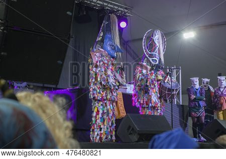 Montanchez, Spain - February 18, 2023: The Jurramacho Carnival Of Montanchez. Jarramplas De Piornal 