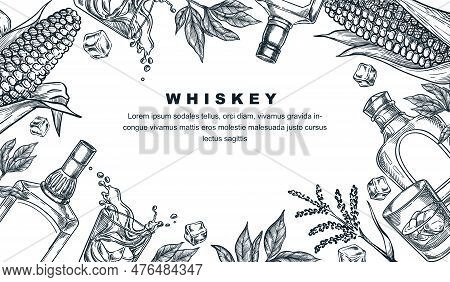 Whiskey Tasting Banner, Poster, Party Flyer. Vector Sketch Frame Illustration Of Whisky Or Brandy Bo