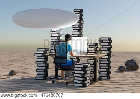 Man Sitting At Pc Office Workplace In Desert Environment With Huge Stacks Of Binders And Cloud Over 
