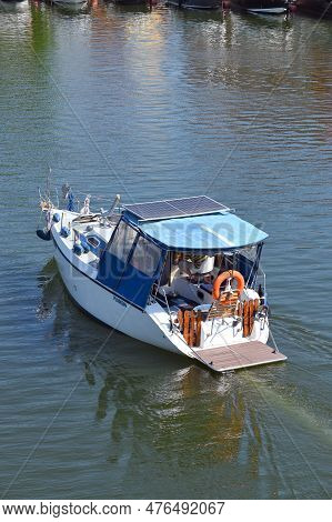 Mikolajki, Poland, July 12: Boat At Sniardwy Lake On July 12, 2020 At Mikolajki, Poland. Sniardwy Is