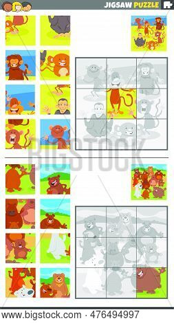 Cartoon Illustration Of Educational Jigsaw Puzzle Activities Set With Animal Characters Group