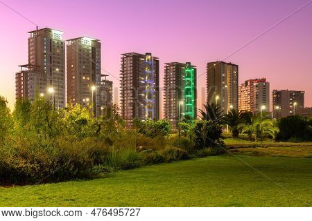 Skyline Of Buildings At The Coastal City Of Reñaca From La Foresta De Reñaca Park, Valparaiso Region