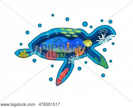 Cartoon Sea Turtle Paper Cut Silhouette With Underwater Landscape Of Vector Tropical Fish, Seahorse,