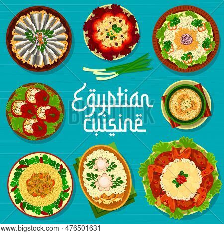 Egyptian Cuisine Restaurant Menu Cover, Egypt Food Dishes And Meals, Vector Poster. Egyptian Cuisine