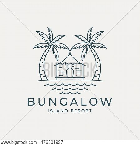 Bungalow Line Art Logo Vector Illustration Template Design. Resort Island, Palm Tree And Ocean Logo