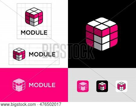 Letter M. Module Logo. Big Cube Consists Of Modules. M Monogram. Identity. Web Buttons.