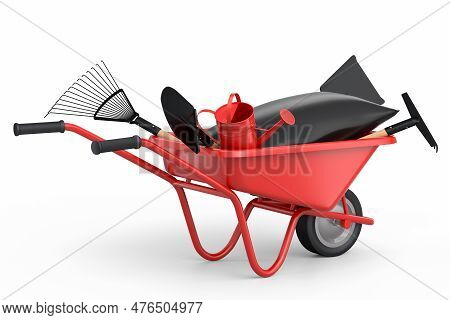 Garden Wheelbarrow With Garden Tools Like Shovel, Watering Can And Fork On White