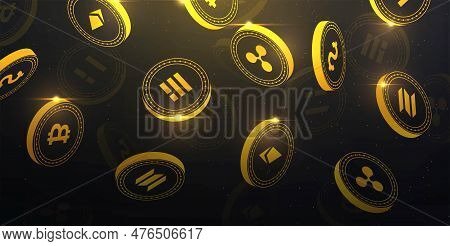 Crypto Coints Fly Gold. Blockchain Technology, Investment And Trading. Altcoin And Bitcoin, Litecoin