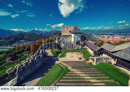 Medieval Old Castle In Celje City, Slovenia. Travel Outdoor Touristic Background