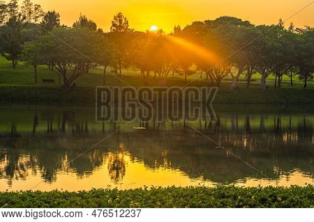 Beautiful Sunrise At Bsb Lake Located In Mijen, Semarang, Indonesia