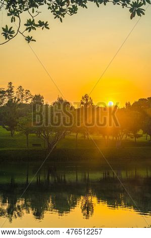 Beautiful Sunrise At Bsb Lake Located In Mijen, Semarang, Indonesia